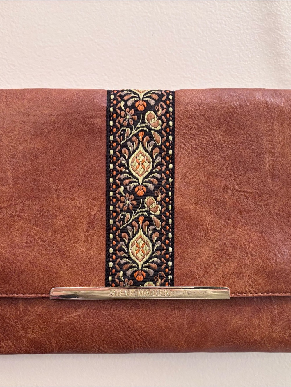 Steve Madden Brown Faux Leather Clutch with Embroidered Stripe